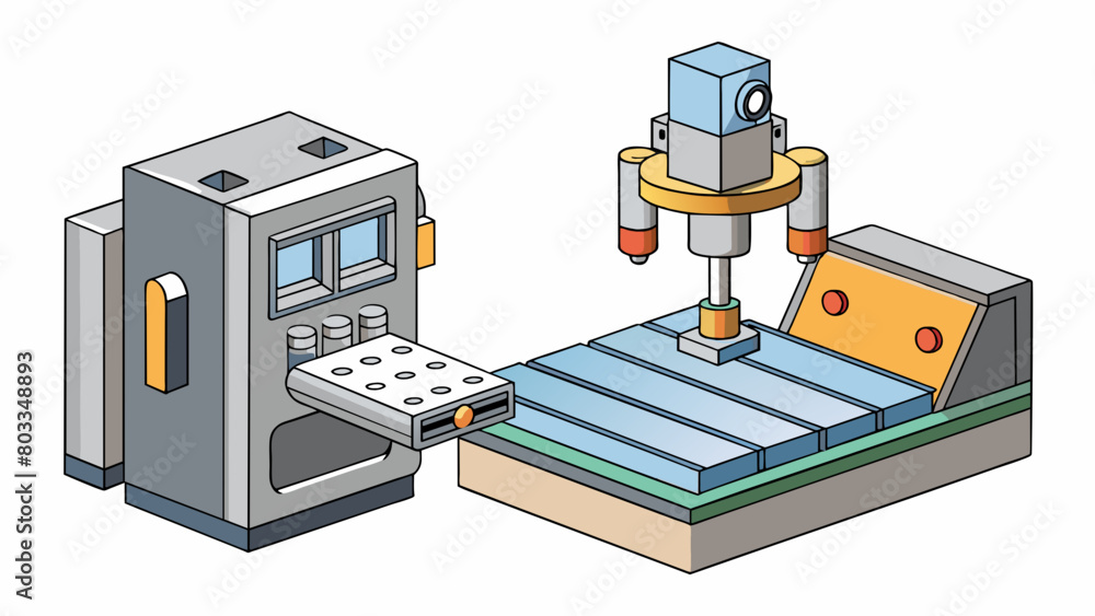 Poster A piece of metal is clamped onto a CNC machine and a computer program controls the movement of a ting tool carefully carving away excess material to. Cartoon Vector
