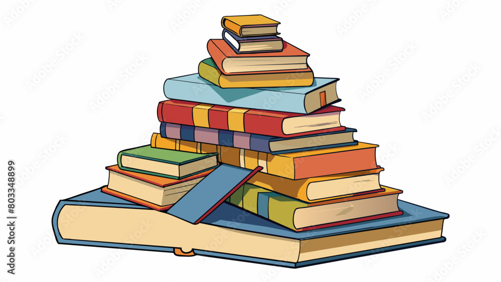 Poster A pile of unread books on a bookshelf This opportunity represents the potential to learn and expand knowledge. The books varying sizes and subjects. Cartoon Vector