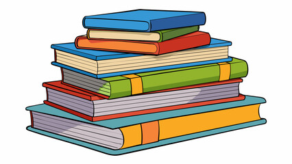 A pile of books stacked on a table with each one labeled and categorized by genre. Some have creased spines or dogeared pages from being read while. Cartoon Vector