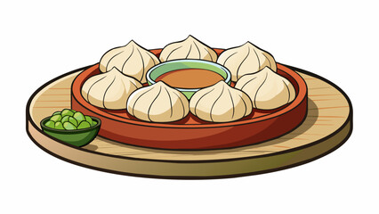 A platter of steaming dumplings each one a perfect bitesize parcel of savory filling. The dumplings are delicately steamed with a thin and chewy. Cartoon Vector