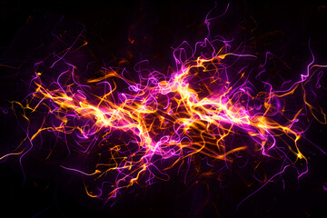 Electric neon purple and yellow chaotic burst of energy. Energetic artwork on black background.