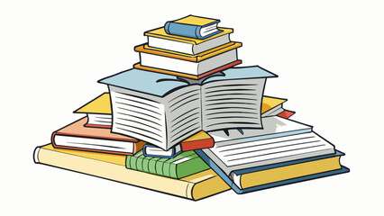 A pile of books stacked neatly with one open to a page covered in notes and highlighted passages. This symbolizes the goal of gaining knowledge and. Cartoon Vector