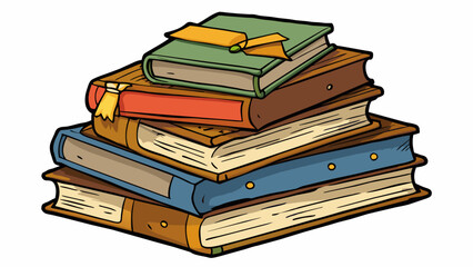 A pile of wellworn books stacked on a shelf each one representing a different story and a different memory. Some pages dogeared others highlighted and. Cartoon Vector
