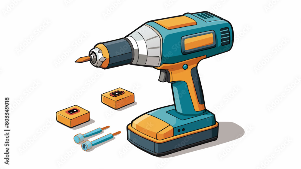 Aufkleber A power tool consisting of a drill and several interchangeable bits. The drill is cordless with a rechargeable battery and has a variable speed. Cartoon Vector