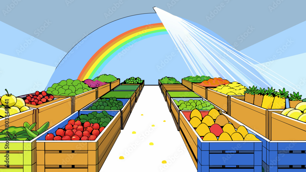 Poster A produce section with rows of overflowing crates bins and baskets boasting a rainbow of fresh fruits and vegetables. Bright lights illuminate the. Cartoon Vector