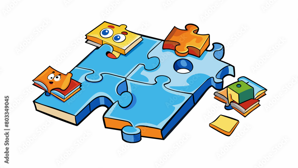 Poster A puzzle with missing pieces being fit together depicts the process of education as a journey of piecing together bits of information to form a. Cartoon Vector