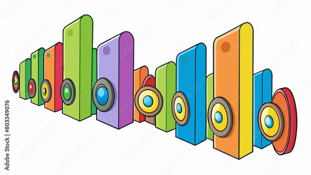 Poster A rainbow of sound waves emanating from a set of speakers each color representing a different instrument. The waves blend together to create a. Cartoon Vector