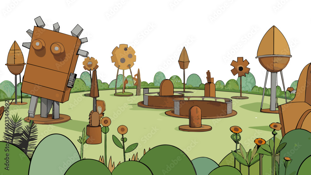 Poster a quiet garden filled with rusted remnants of bygone eras where an artist takes discarded scraps of 