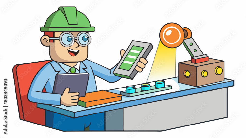 Poster a quality control inspector sits at a desk flipping through pages of manufacturing specifications an