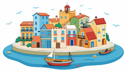 A quaint seaside town with colorful buildings lining the harbor. Brightly painted fishing boats bob in the water while seagulls soar overhead. The. Cartoon Vector