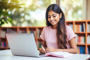 college girl using laptop at library
