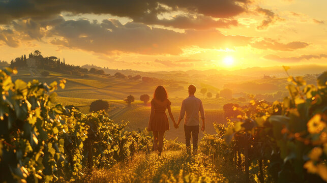 Young couple exploring beautiful vineyard at sunset - Powered by Adobe