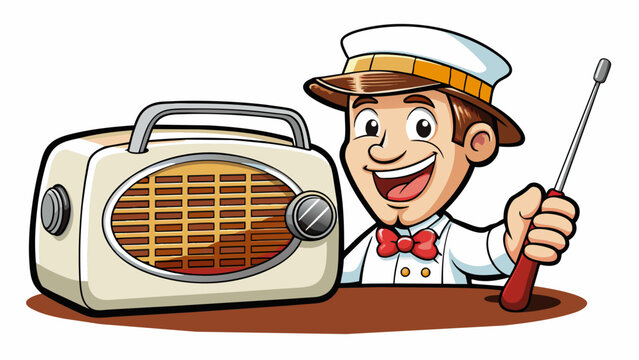 A radio advertit for a local restaurant featuring the sound of sizzling steak on a hot grill and the smell of fresh herbs and es. The announcer. Cartoon Vector