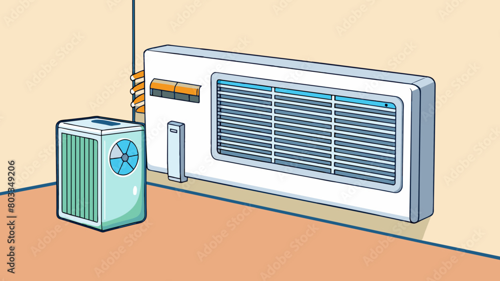 Poster A rectangular unit attached to the wall with a series of vents and buttons emitting cool air into a small room. The unit makes a low humming noise and. Cartoon Vector