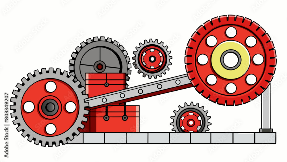 Aufkleber a red and black circular motor with thick exposed gears and pulleys can be found on the factory floo