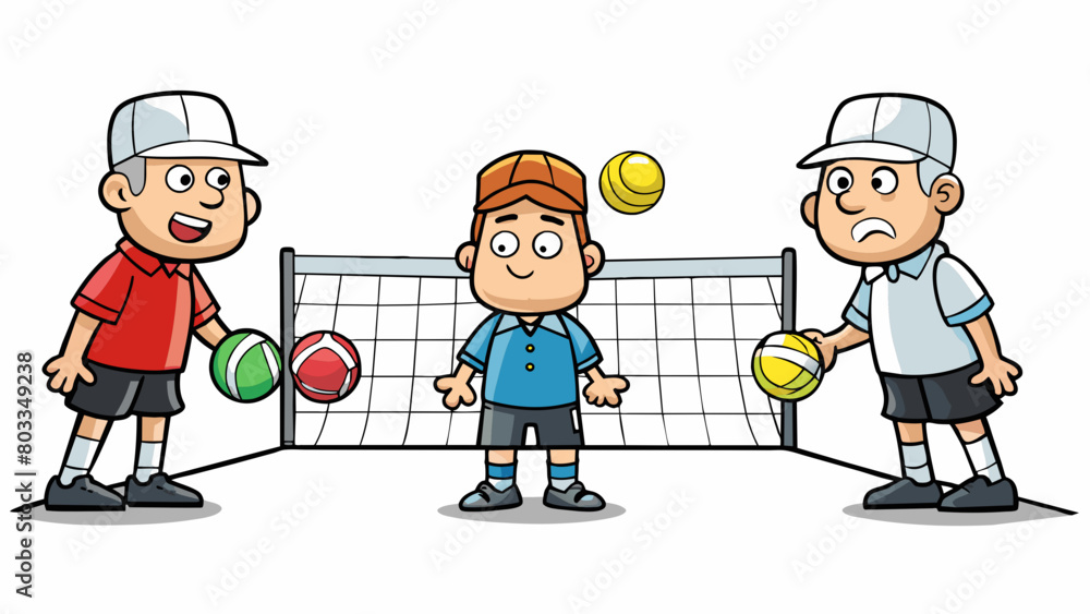 Poster A referee stands on the sidelines watching closely as two players engage in a competitive game of tennis. Each player has a set of three bouncing. Cartoon Vector