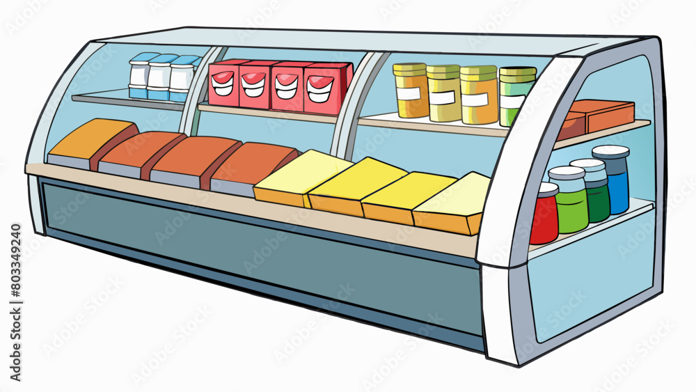 Poster a refrigerated section with glass doors displaying rows of cold s cheeses and prepackaged meals. in 