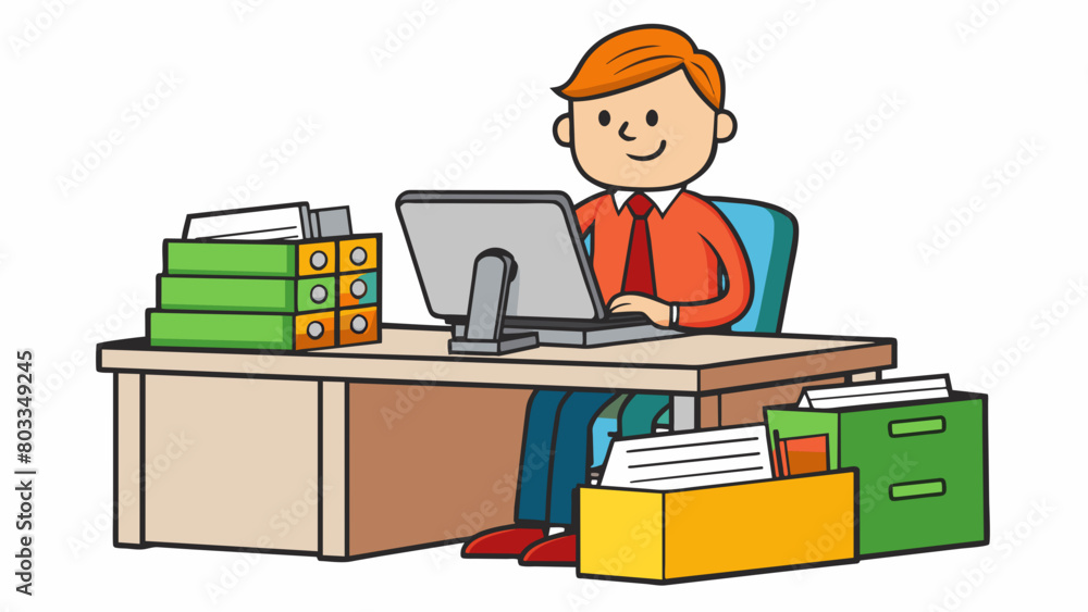 Poster A responsible employee carefully organizing files and papers on their desk their tidy workspace reflecting their organized and efficient work ethic.. Cartoon Vector