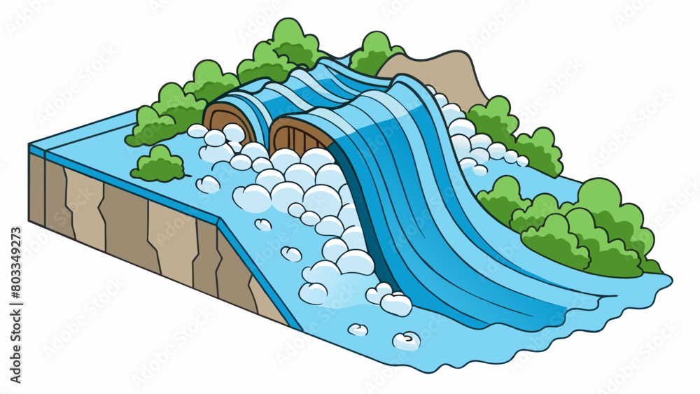 Aufkleber a river flows steadily its energy churning and turning the water as it cascades over rocks.. cartoon