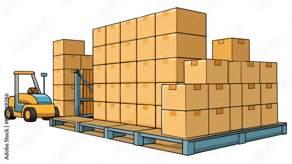 Poster A row of sy wooden pallets stacked with varying sizes and types of cardboard boxes. The boxes are tightly sealed and stacked in an orderly manner. Cartoon Vector