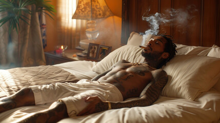 Young man smoking marijuana on his bed