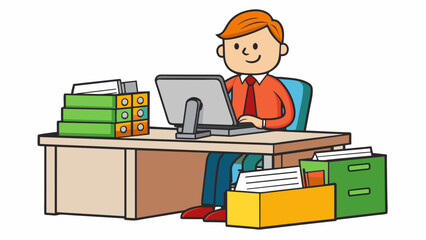 A responsible employee carefully organizing files and papers on their desk their tidy workspace reflecting their organized and efficient work ethic.. Cartoon Vector