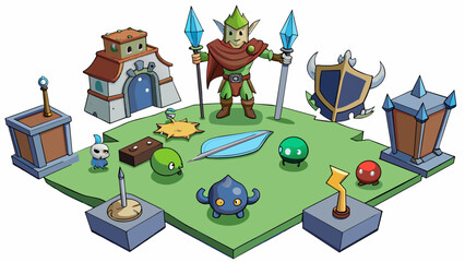 A roleplaying game set in a fantasy world where players create their own characters and embark on quests. The game features a variety of weapons. Cartoon Vector