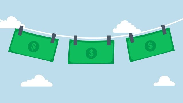 Money laundering and financial crime, 4k animation of US dollar  hanging dry after washing or laundering metaphor for money laundering.