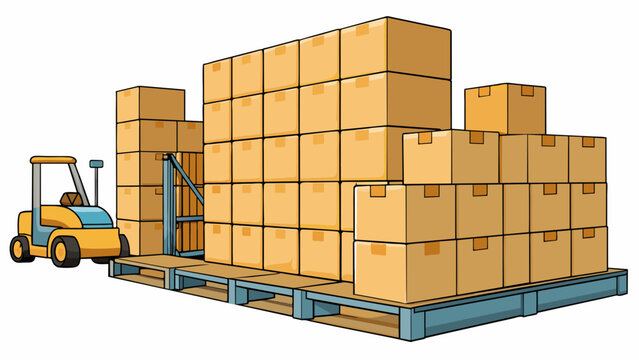 A row of sy wooden pallets stacked with varying sizes and types of cardboard boxes. The boxes are tightly sealed and stacked in an orderly manner. Cartoon Vector