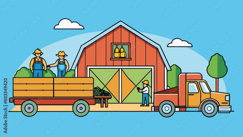 Poster A rustic barn with rolling fields and farm animals nearby where a group of farmers are seen harvesting crops and loading them onto a large truck. This. Cartoon Vector