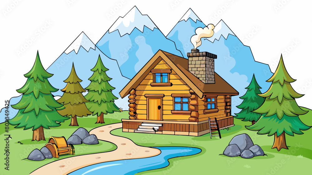 Poster a rustic log cabin nestled in the mountains surrounded by tall trees and a babbling stream. the cabi