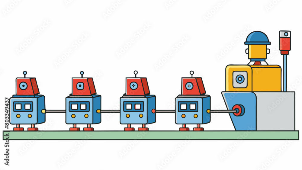 Aufkleber A series of machines and stations arranged in a sequential manner each adding a specific component or performing a particular task on a product. The. Cartoon Vector