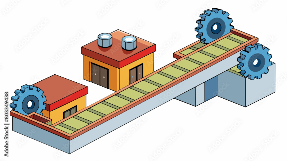 Poster a series of conveyor belts connected to a central machine transporting raw materials around a produc