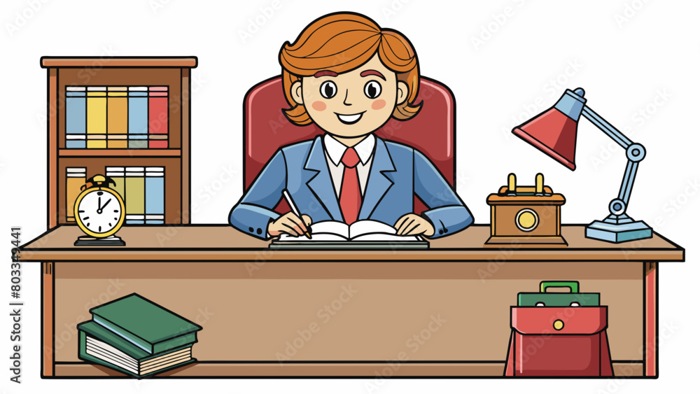 Aufkleber a secretary is a person sitting at a wooden desk writing on a notepad with a fountain pen. behind th