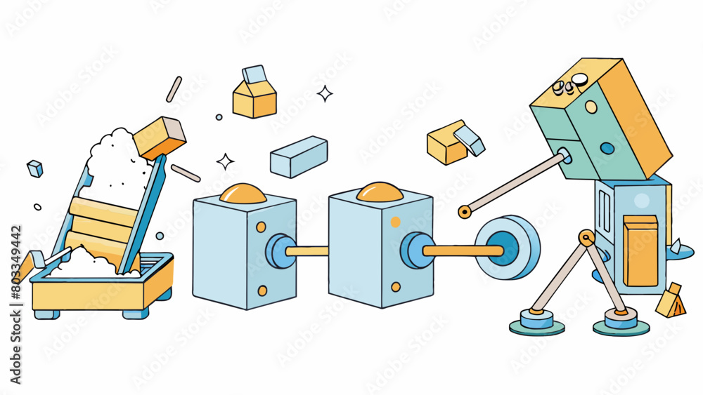 Poster A series of interconnected machines that work together to break down large objects. First a large hammer pounds the object into smaller pieces then. Cartoon Vector