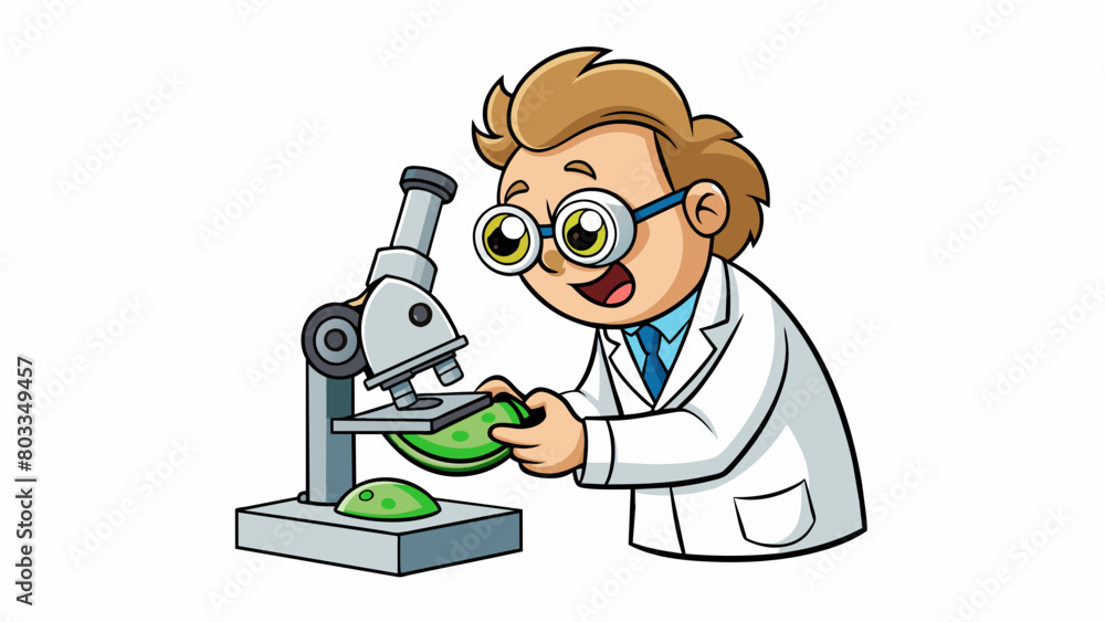 Poster A scientist peers through a microscope adjusting the lenses to view a tiny organism on a glass slide. The microscope has a sy metal base and delicate. Cartoon Vector