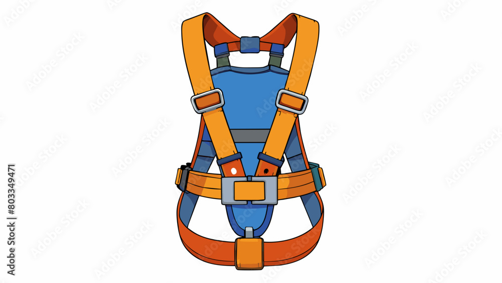 Poster A safety harness with a secure Dring attachment point made of strong durable fabric and adjustable ss designed to protect a worker from falling while. Cartoon Vector