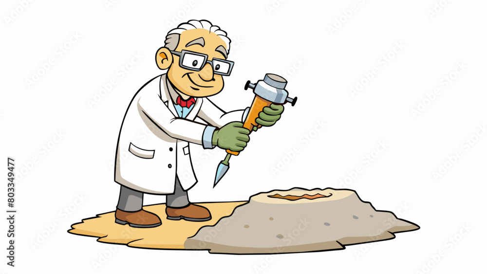 Aufkleber A scientist in a lab coat carefully guided a thin wire through a piece of rock using a drilling tool to create a small hole for study. The rocks. Cartoon Vector
