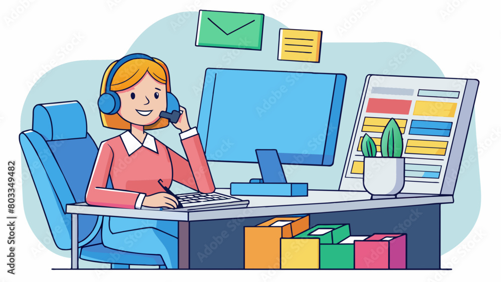 Poster a secretary is a woman wearing a headset answering phone calls and typing on a large computer screen