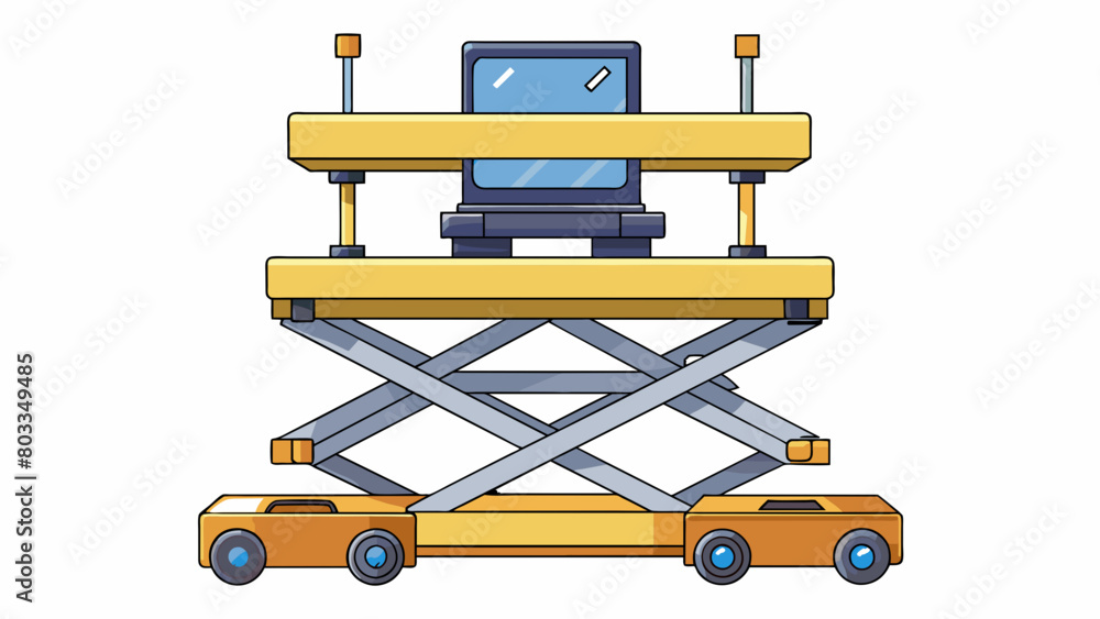Poster A scissor lift resembling a large mechanical spider with extendable legs and a platform that can be raised or lowered. It can be used for reaching. Cartoon Vector