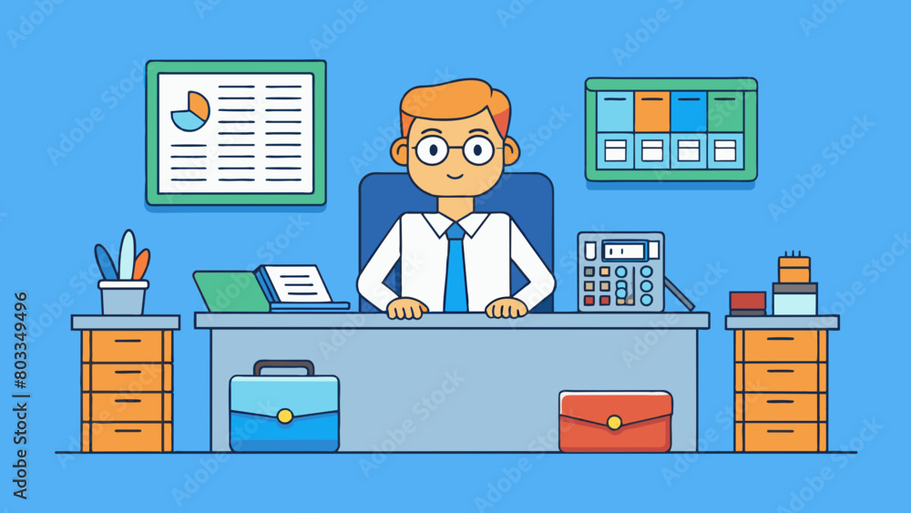 Poster A secretary is a man sitting at a metal desk surrounded by stacks of paper and a large filing cabinet. He is using a calculator and a ruler to work on. Cartoon Vector