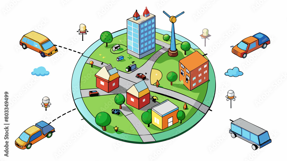 Poster A satellite image of a city with intricate road networks connecting different neighborhoods and communities. Trucks cars and buses can be seen. Cartoon Vector