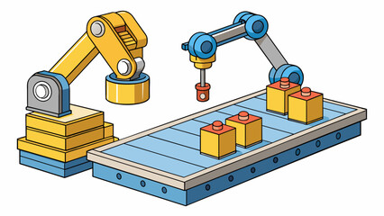 A robotic arm control system used in a factory setting to pick and place objects on a conveyor belt. The arm is equipped with sensors to detect the. Cartoon Vector