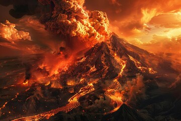 devastating volcanic eruption in indonesia with lava flows smoke and fire apocalyptic art