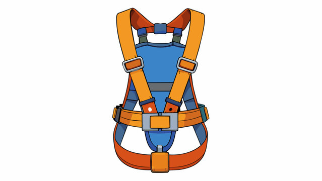 A safety harness with a secure Dring attachment point made of strong durable fabric and adjustable ss designed to protect a worker from falling while. Cartoon Vector
