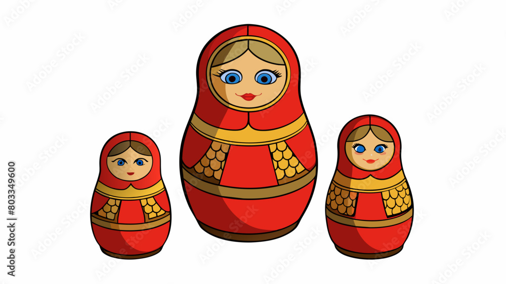 Poster A set of wooden nesting dolls each one fitting perfectly inside the next. The dolls are painted with intricate patterns and designs with the smallest. Cartoon Vector