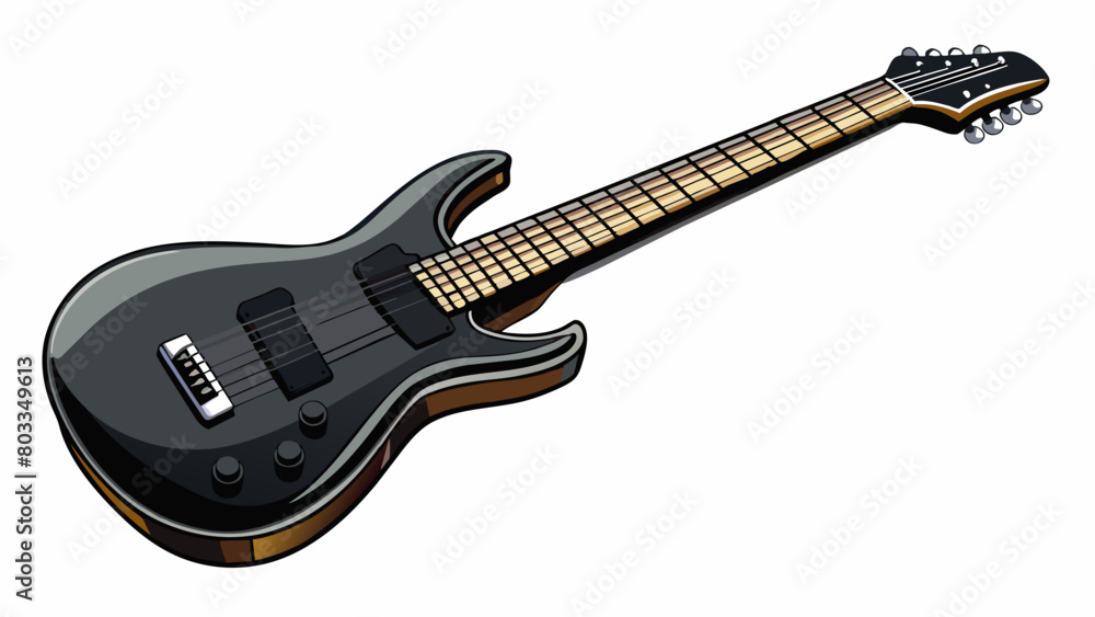 Poster a shiny black guitar with six taut strings gleaming under the stage lights. its body emits a deep ri