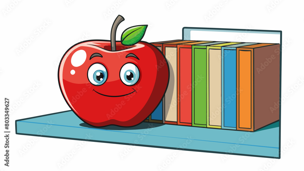 Poster A shiny red apple p in front of a bookshelf creates a reflection that merges with the rows of books creating an optical illusion. The reflection makes. Cartoon Vector