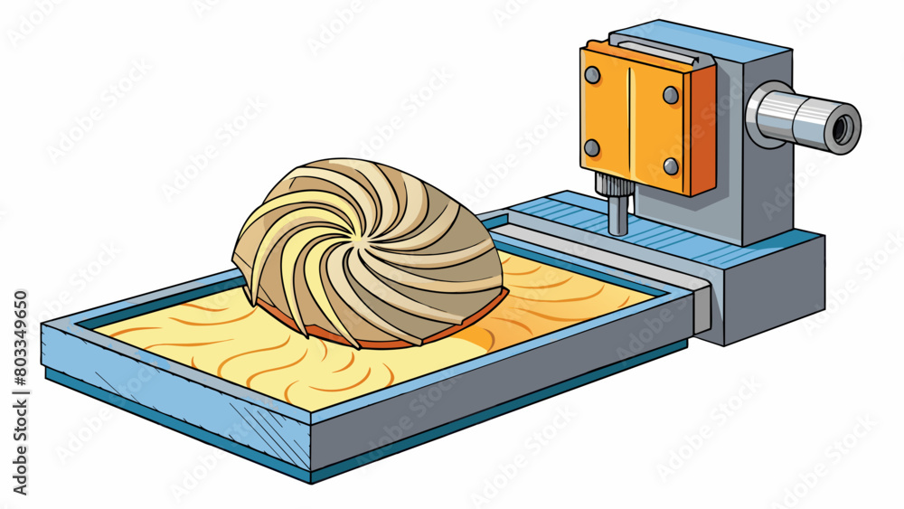 Poster A sheet of plastic is fed into a milling machine where spinning blades carve out intricate patterns and designs leaving behind a textured surface.. Cartoon Vector