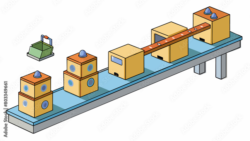 Poster A simple automated assembly line for packaging food items consisting of a conveyor belt that transports empty boxes to a filling station where they. Cartoon Vector